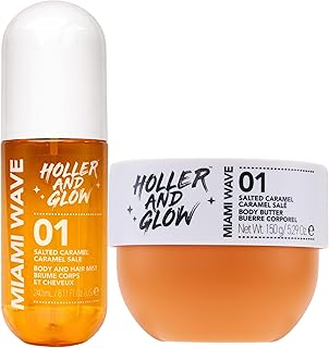 Bundle of Holler And Glow Miami Wave Salted Caramel Body & Hair Mist + Body Butter, Body Spray, Hair Perfume, Sweet Coconut, Vanilla Scented, Moisturizing, Nourishing, Shea Butter, 2 Piece Set