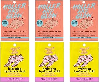 Holler And Glow Printed Foot Mask Variety Pack, Masks For Dry Cracked Feet, Peach & Vanilla Scented, Infused With Hyaluronic Acid, Hydrating Foot Care Treatment, Moisturizing Socks, 6 Piece Set